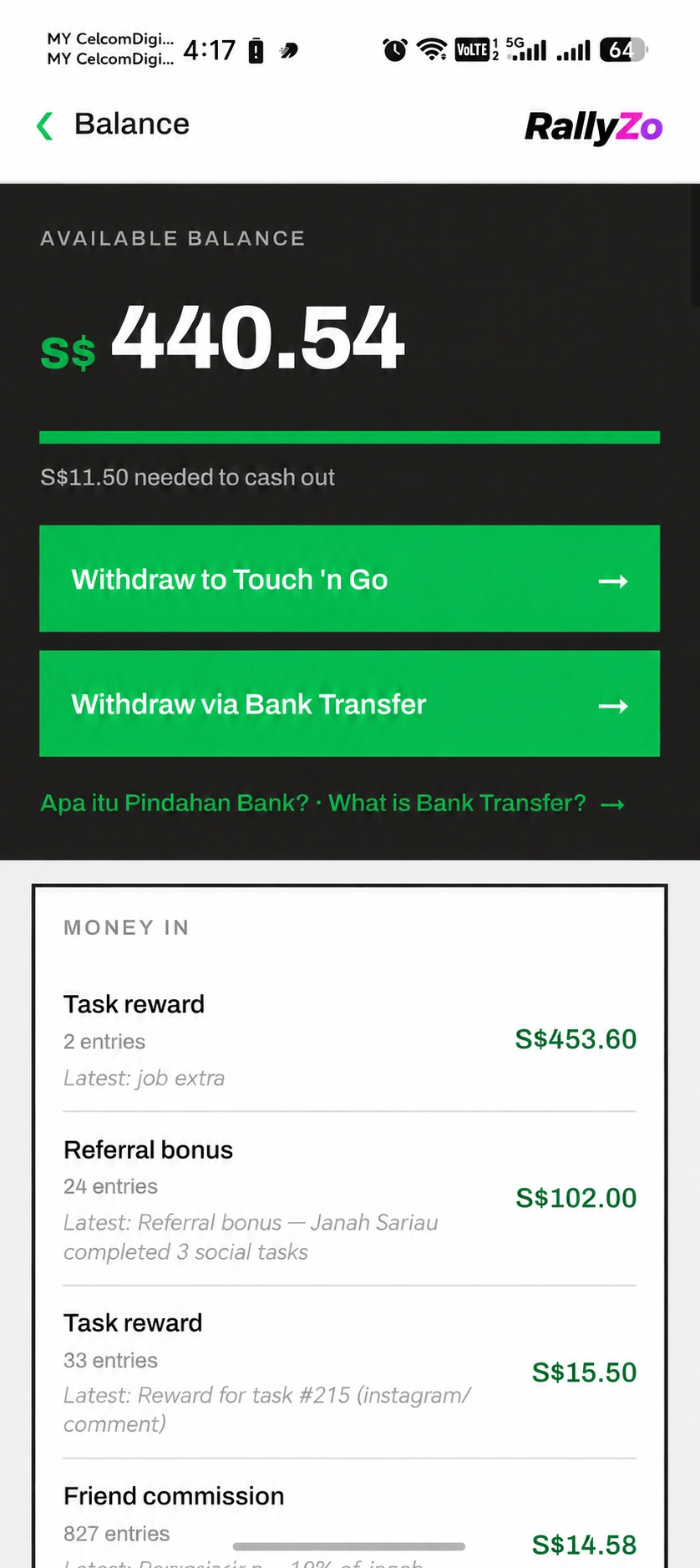 Sample RallyZo balance screen with an illustrative balance and reward history in Singapore dollars.