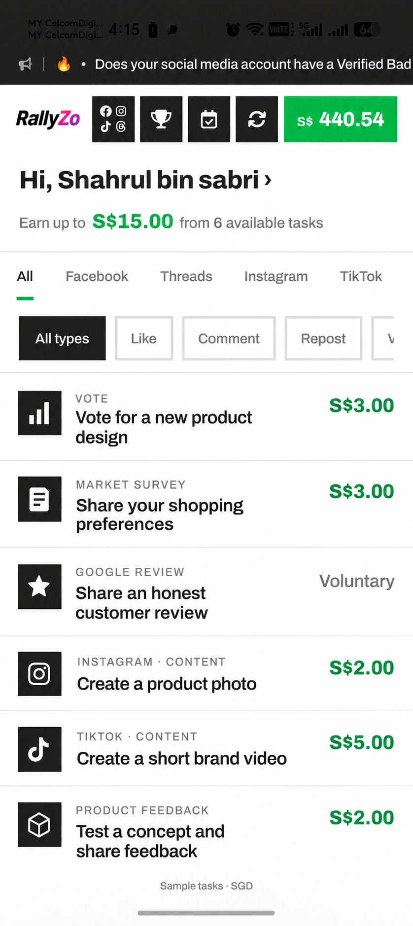 Sample RallyZo screen with six tasks, including a survey and product vote at S$3.00 each, in Singapore dollars.